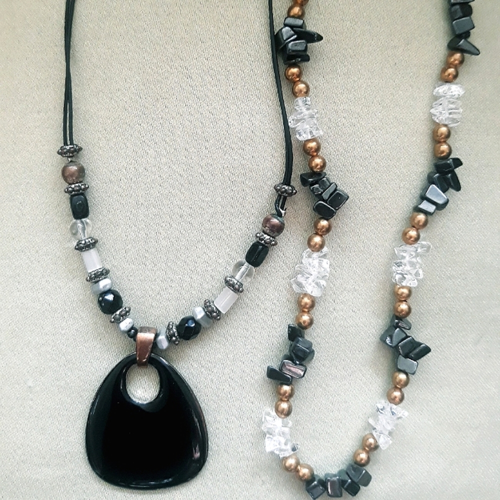 Hematite and Glass Chip Necklace + Vtg Black Bead Necklace with Black Pendant